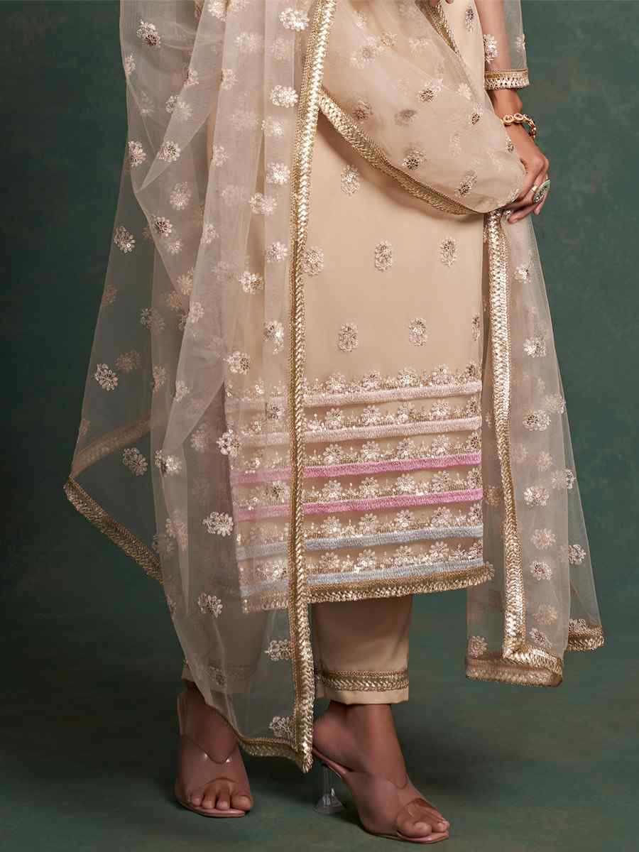 Beige Butterfly Net Embroidered Festival Wedding Pant Salwar Kameez