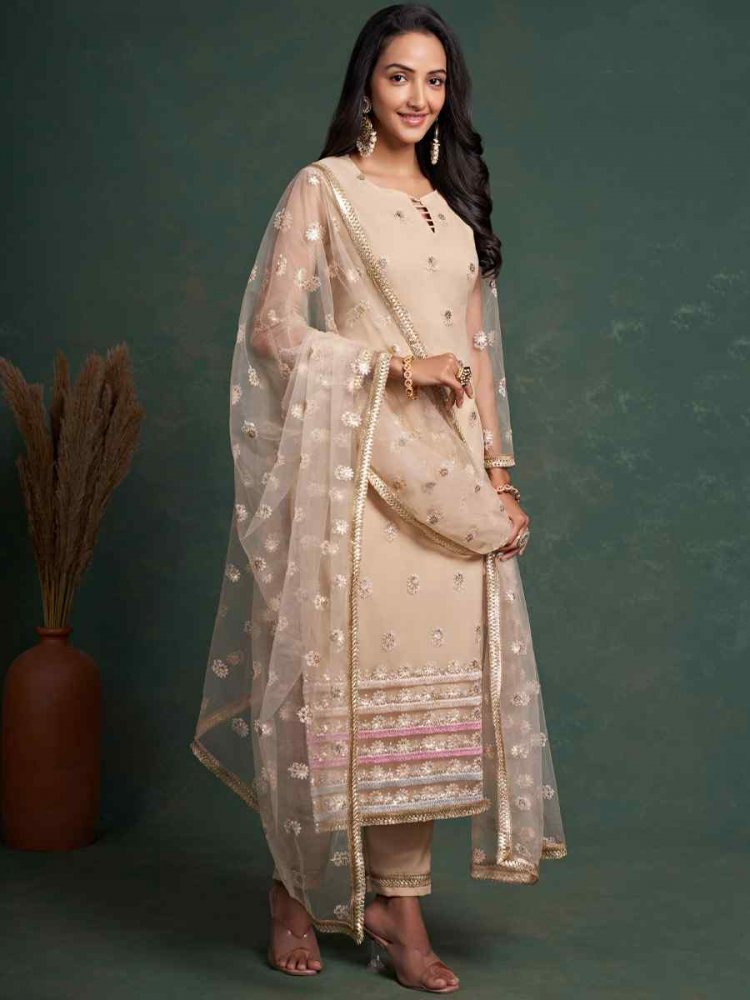 Beige Butterfly Net Embroidered Festival Wedding Pant Salwar Kameez