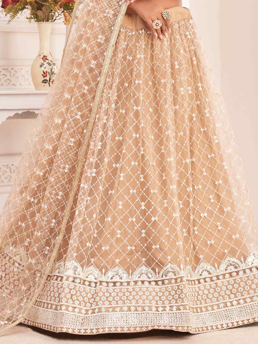 Beige Butterfly Net Embroidered Party Wear Festival Heavy Border Lehenga Choli