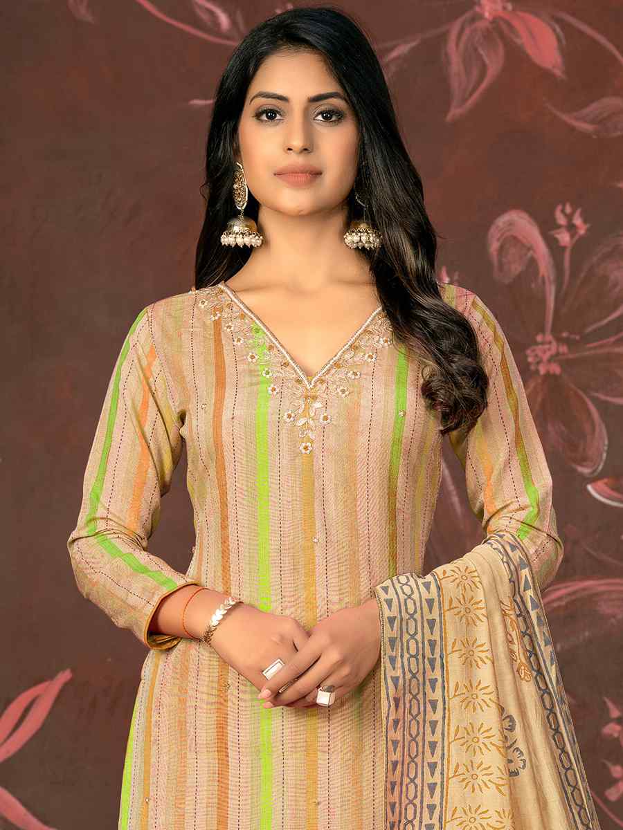 Beige Cambric Cotton Embroidered Casual Festival Pant Salwar Kameez