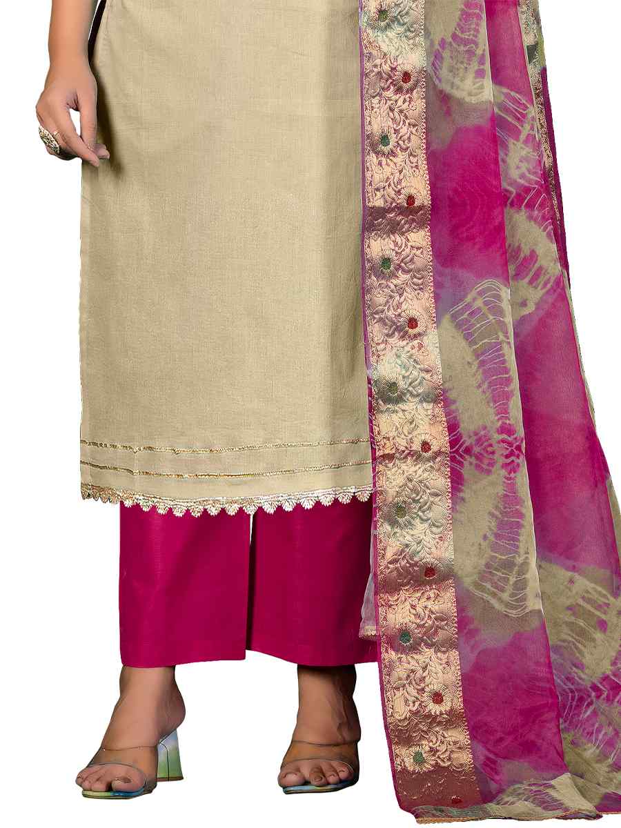Beige Cambric Cotton Handwoven Casual Festival Pant Salwar Kameez