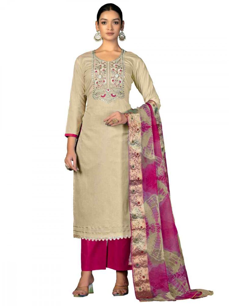 Beige Cambric Cotton Handwoven Casual Festival Pant Salwar Kameez