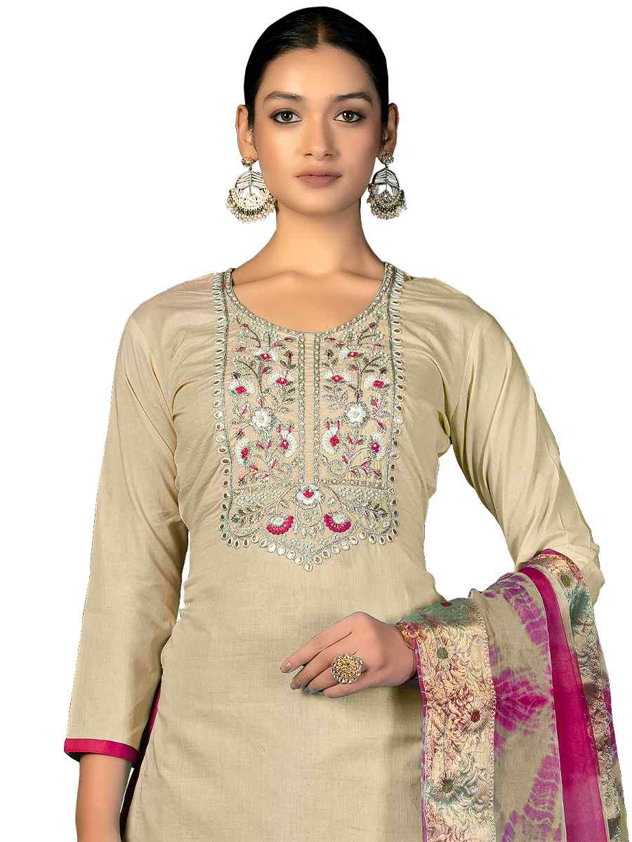 Beige Cambric Cotton Handwoven Casual Festival Pant Salwar Kameez