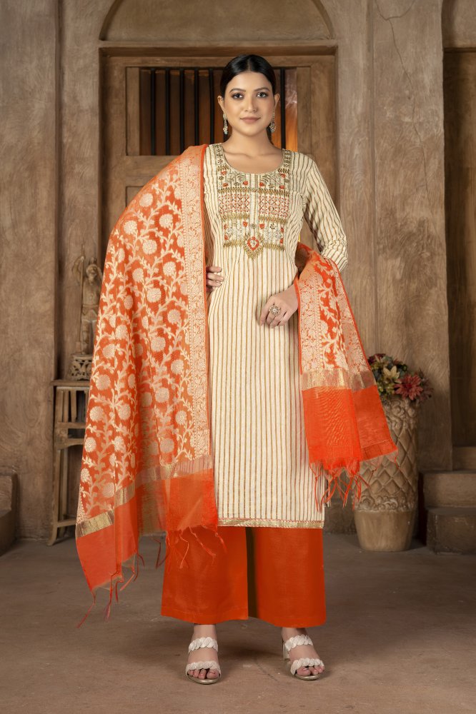 Beige Cambric Cotton Zari Embroidered Party Festival Pant Salwar Kameez