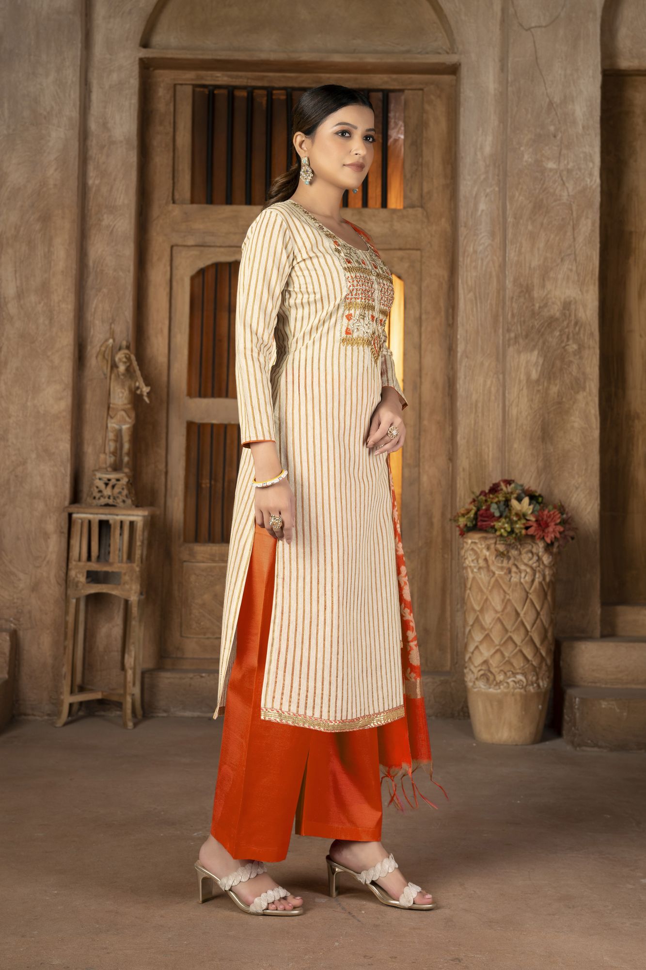Beige Cambric Cotton Zari Embroidered Party Festival Pant Salwar Kameez