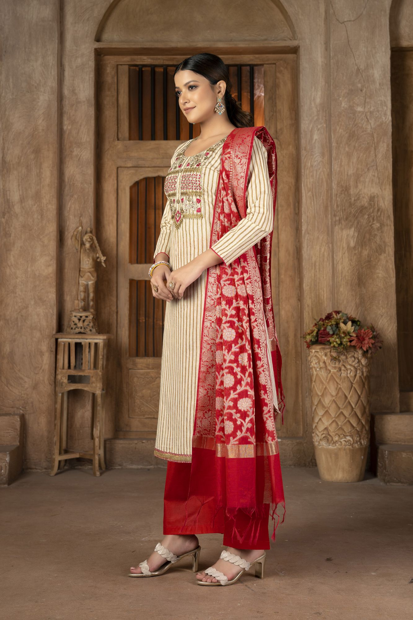 Beige Cambric Cotton Zari Embroidered Party Festival Pant Salwar Kameez