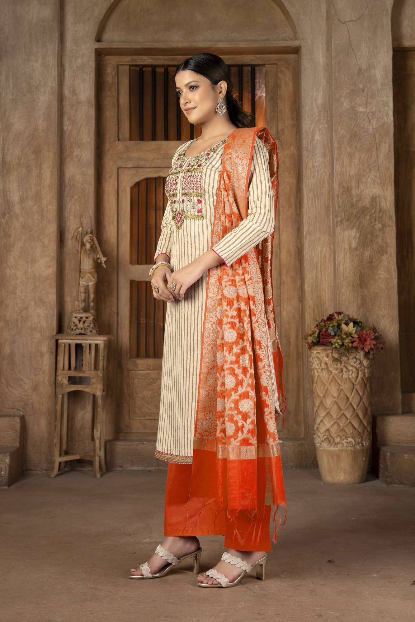Beige Cambric Cotton Zari Embroidered Party Festival Pant Salwar Kameez