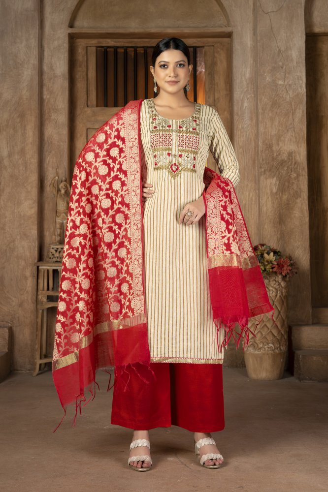 Beige Cambric Cotton Zari Embroidered Party Festival Pant Salwar Kameez
