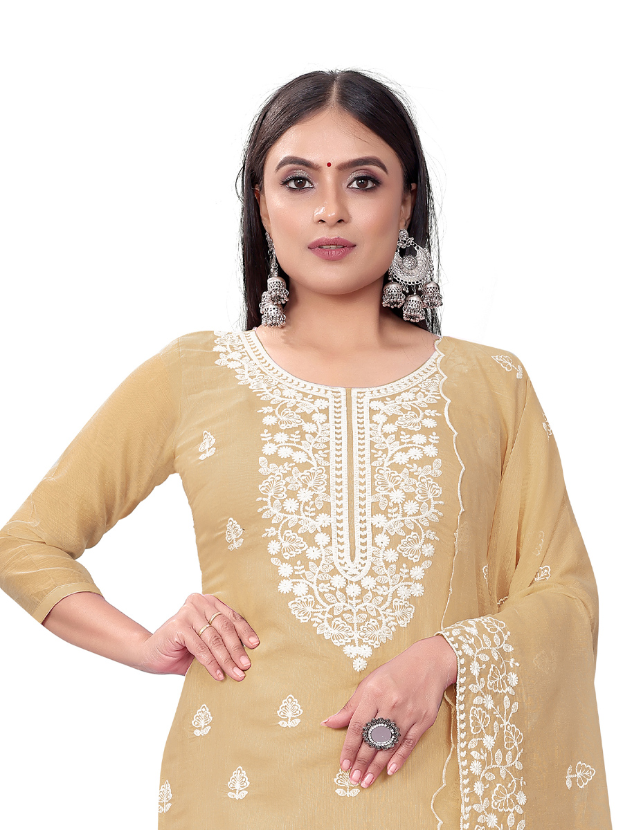 Beige Chanderi Cotton Embroidered Casual Festival Churidar Salwar Kameez