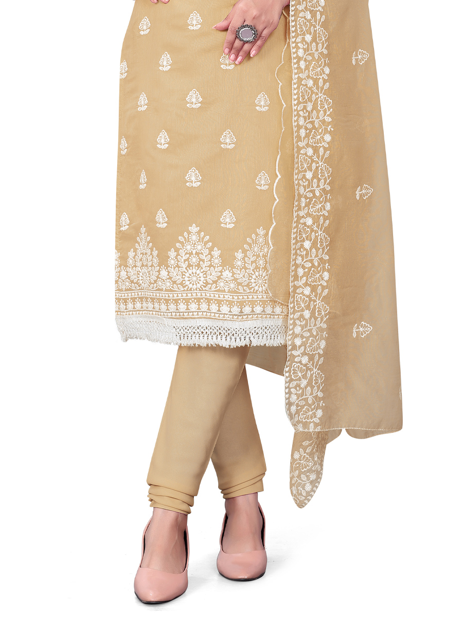 Beige Chanderi Cotton Embroidered Casual Festival Churidar Salwar Kameez