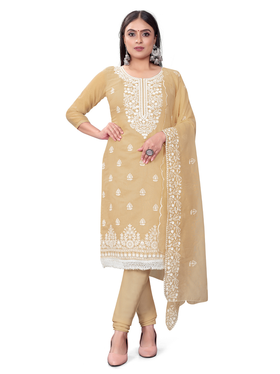 Beige Chanderi Cotton Embroidered Casual Festival Churidar Salwar Kameez