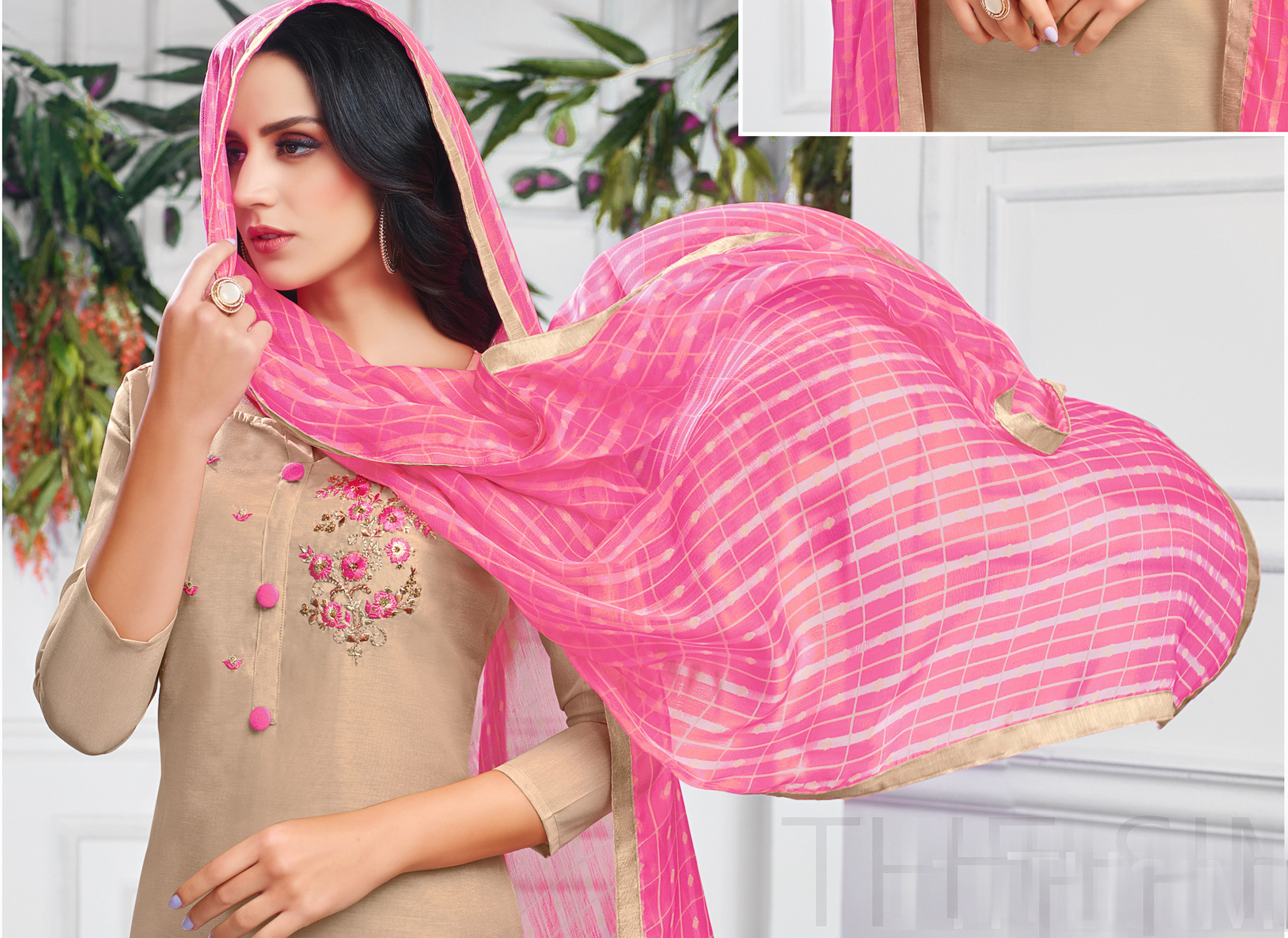 Beige Chanderi Cotton Embroidered Casual Party Churidar Salwar Kameez