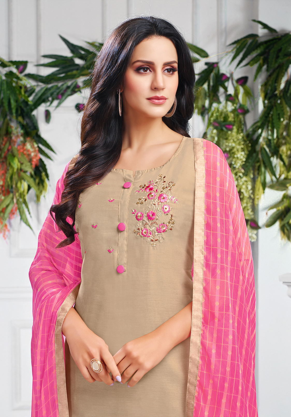 Beige Chanderi Cotton Embroidered Casual Party Churidar Salwar Kameez