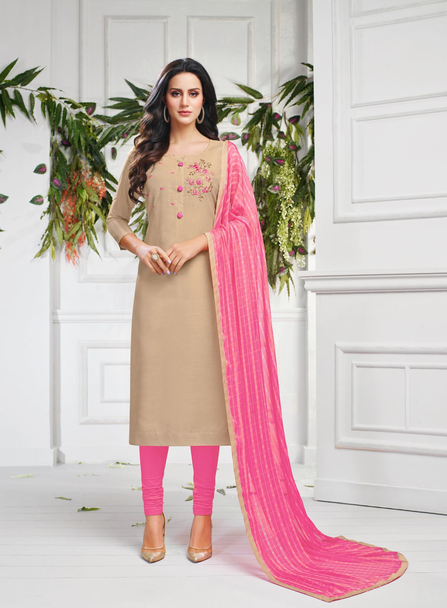 Beige Chanderi Cotton Embroidered Casual Party Churidar Salwar Kameez