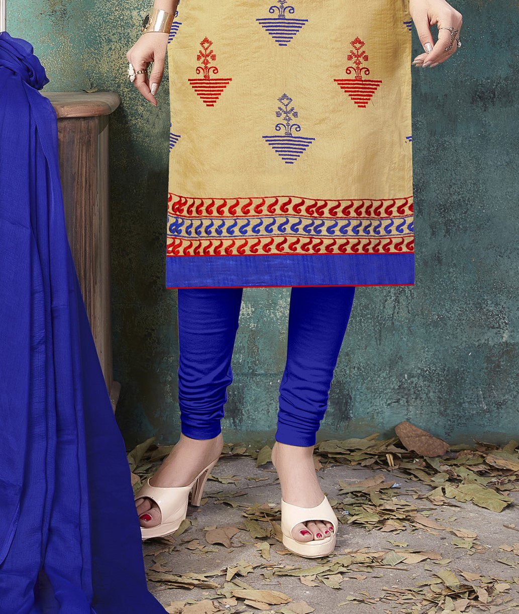 Beige Chanderi Cotton Printed Casual Festival Churidar Salwar Kameez