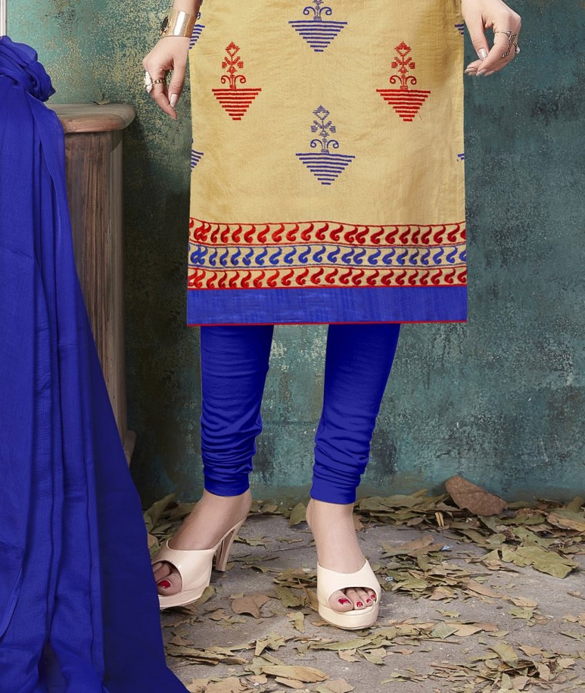 Shop Online Blue Embroidered Chanderi Cotton Churidar Salwar Suit : 208963  - Salwar Kameez