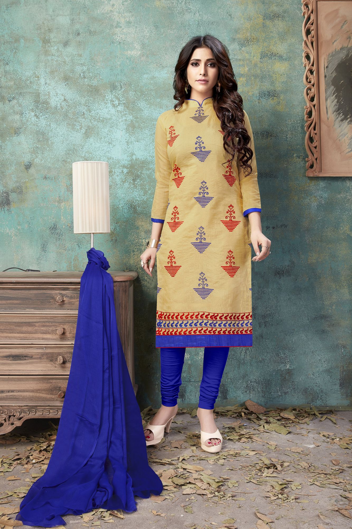 Beige Chanderi Cotton Printed Casual Festival Churidar Salwar Kameez