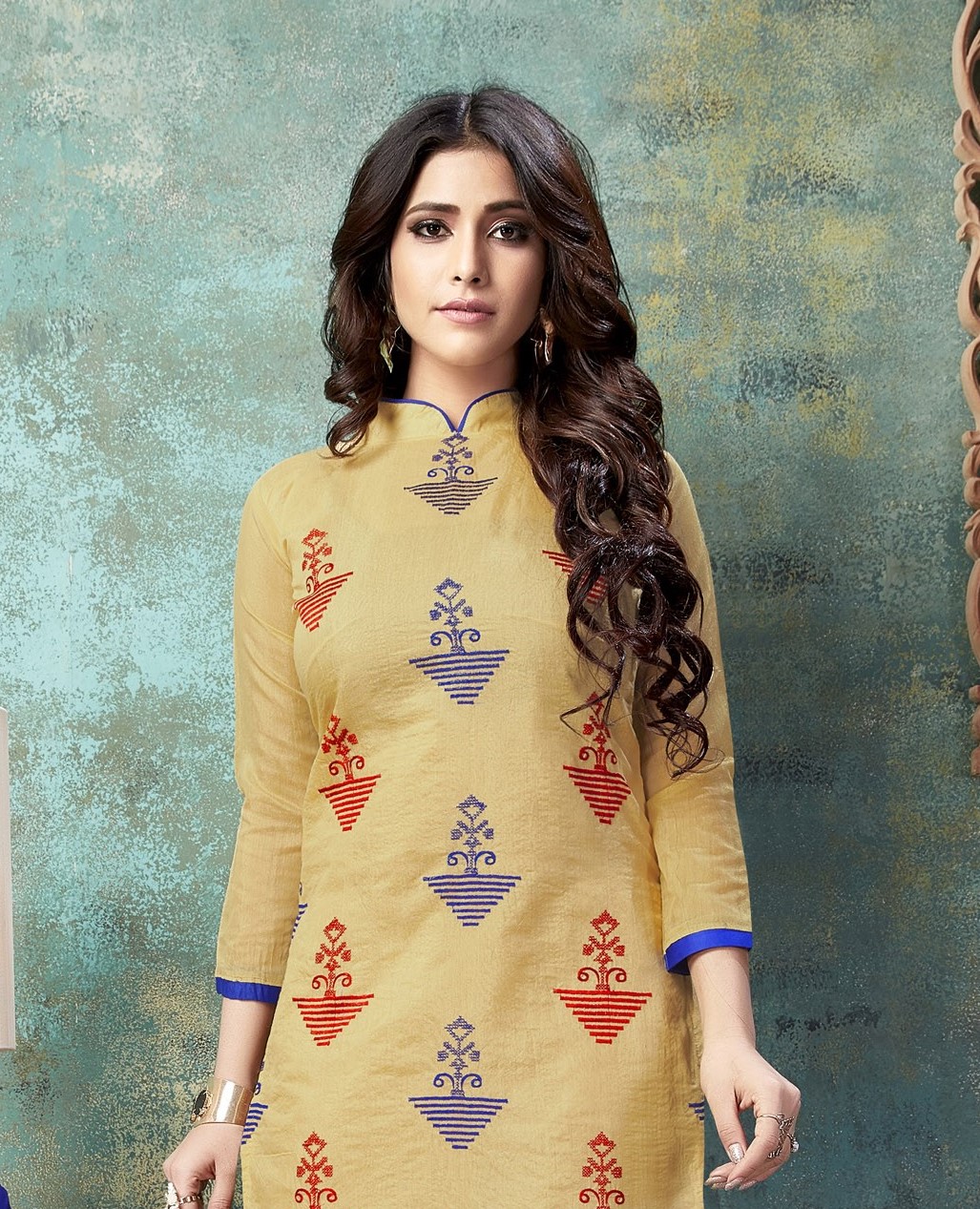 Beige Chanderi Cotton Printed Casual Festival Churidar Salwar Kameez