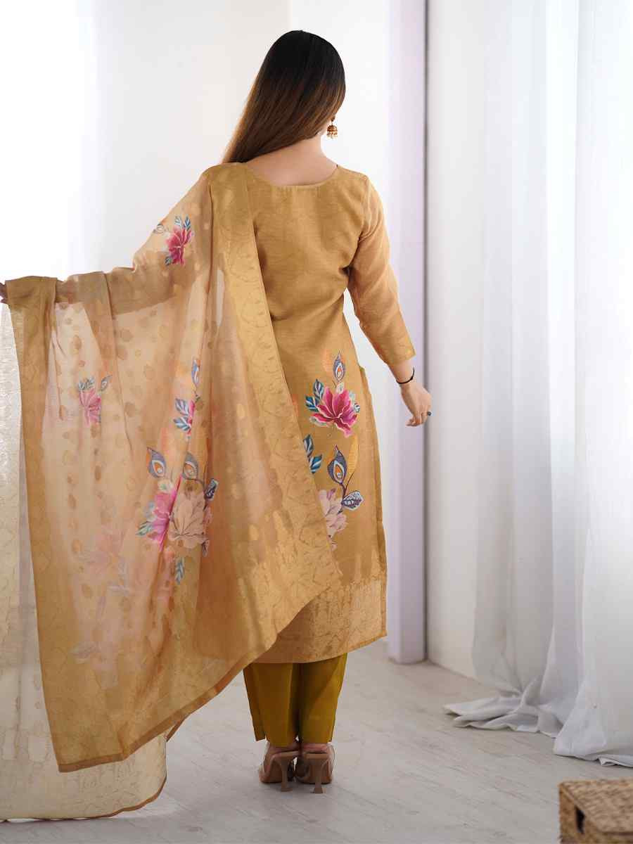 Beige Chanderi Silk Printed Festival Casual Ready Pant Salwar Kameez
