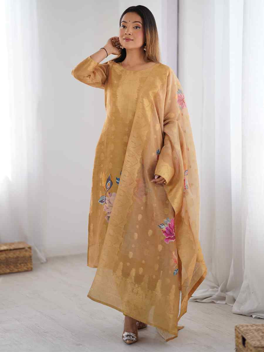 Beige Chanderi Silk Printed Festival Casual Ready Pant Salwar Kameez