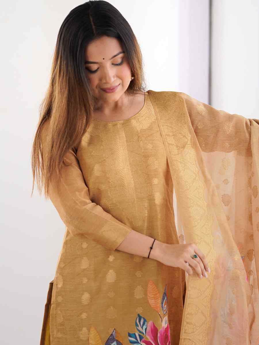 Beige Chanderi Silk Printed Festival Casual Ready Pant Salwar Kameez