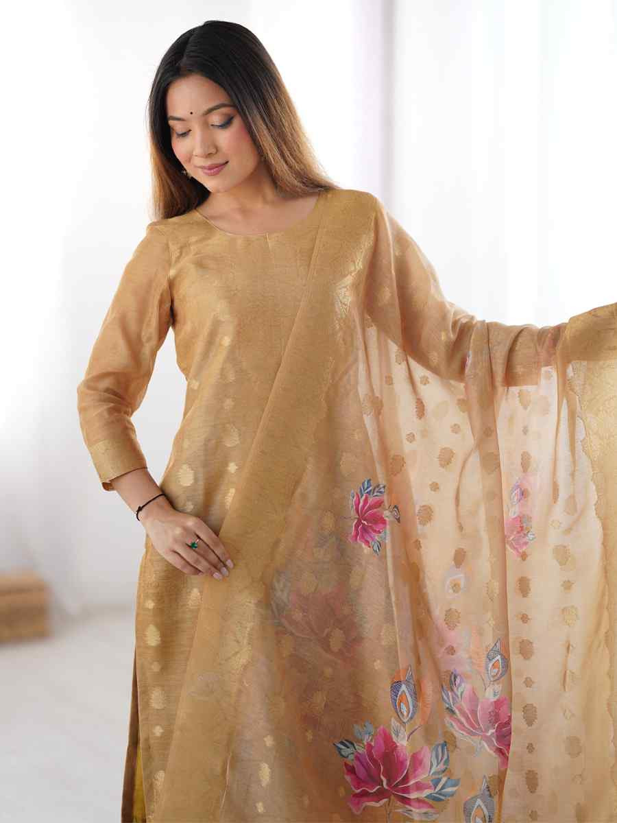 Beige Chanderi Silk Printed Festival Casual Ready Pant Salwar Kameez