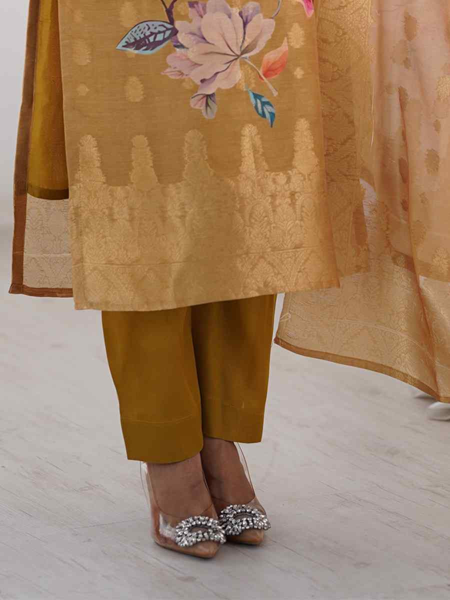 Beige Chanderi Silk Printed Festival Casual Ready Pant Salwar Kameez