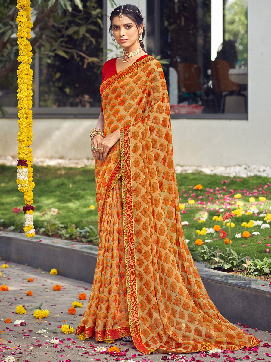Beige Chiffon Brasso Printed Festival Saree