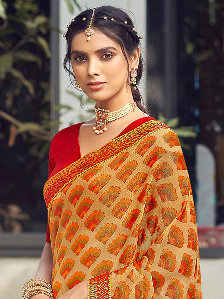 Beige Chiffon Brasso Printed Festival Saree