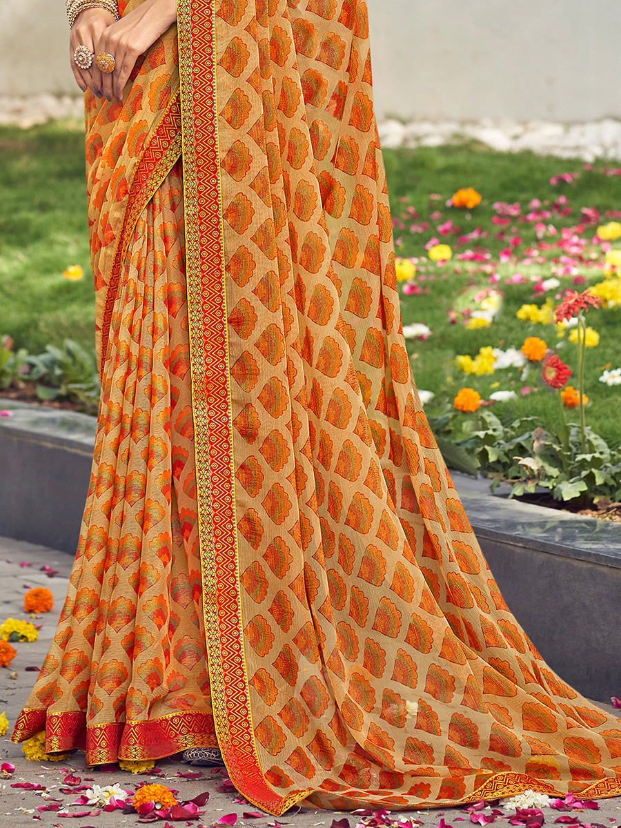 Beige Chiffon Brasso Printed Festival Saree