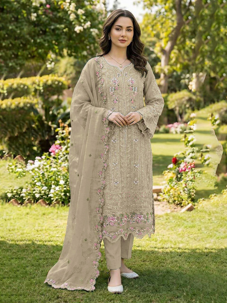 Image of Beige Chiffon Embroidery Sequins Zari Wedding Party Festival Casual Pant Salwar Kameez