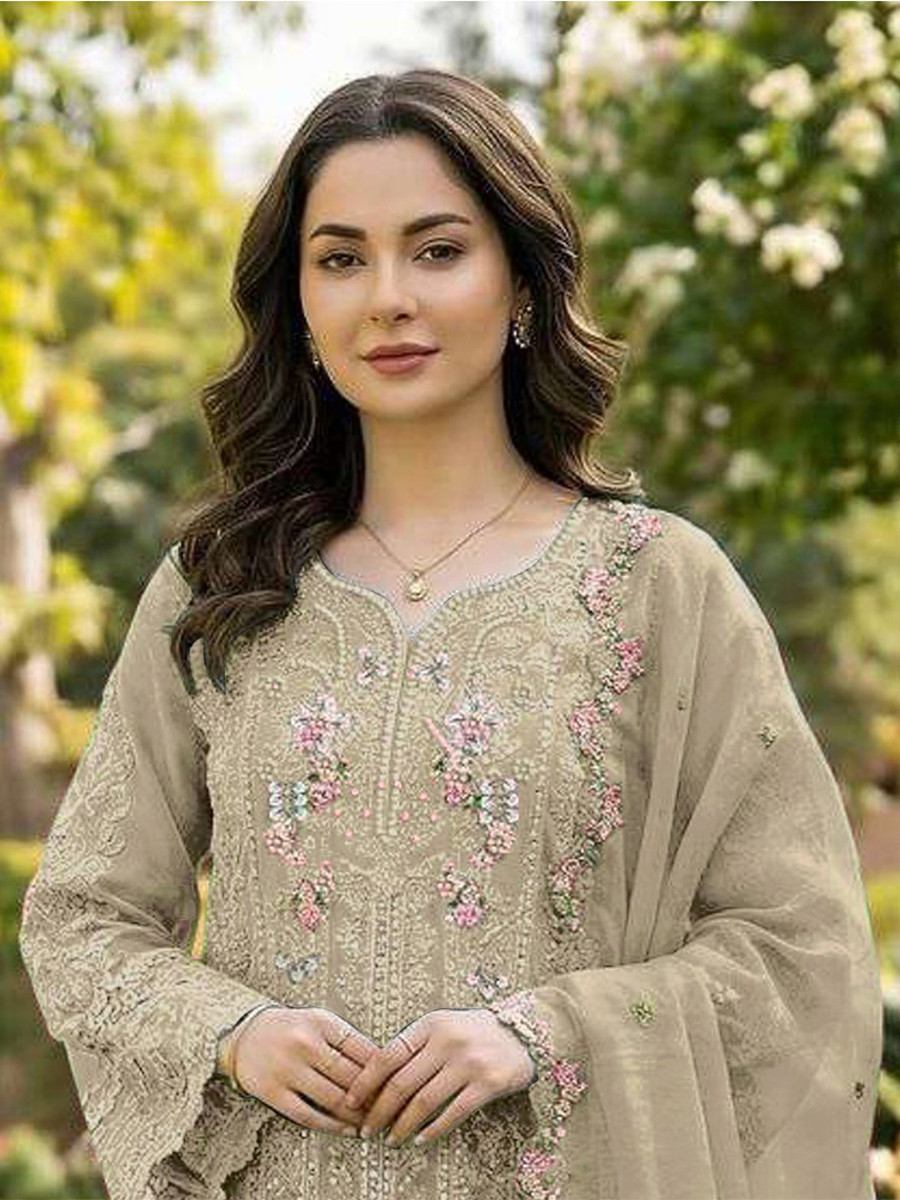 Beige Chiffon Embroidery Sequins Zari Wedding Party Festival Casual Pant Salwar Kameez