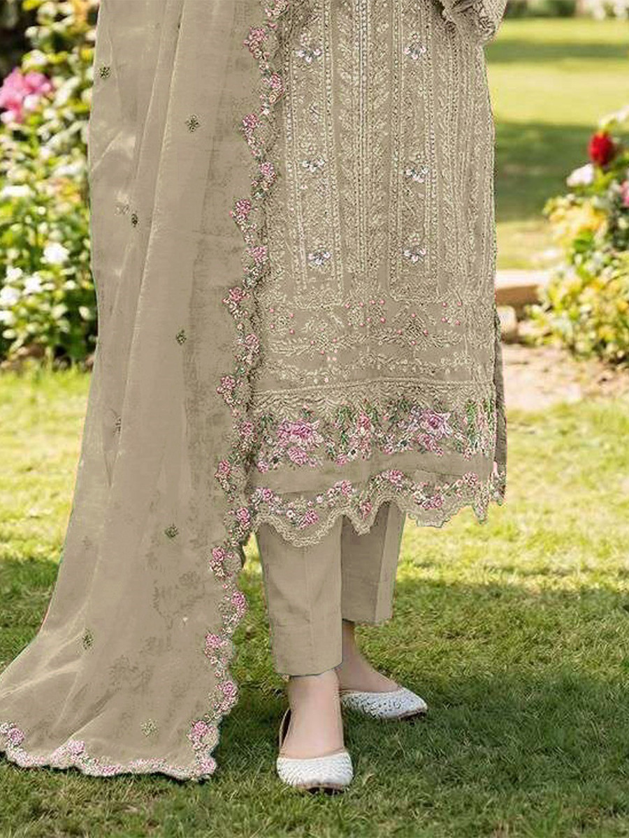 Beige Chiffon Embroidery Sequins Zari Wedding Party Festival Casual Pant Salwar Kameez