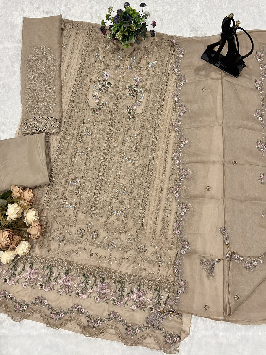 Beige Chiffon Embroidery Sequins Zari Wedding Party Festival Casual Pant Salwar Kameez