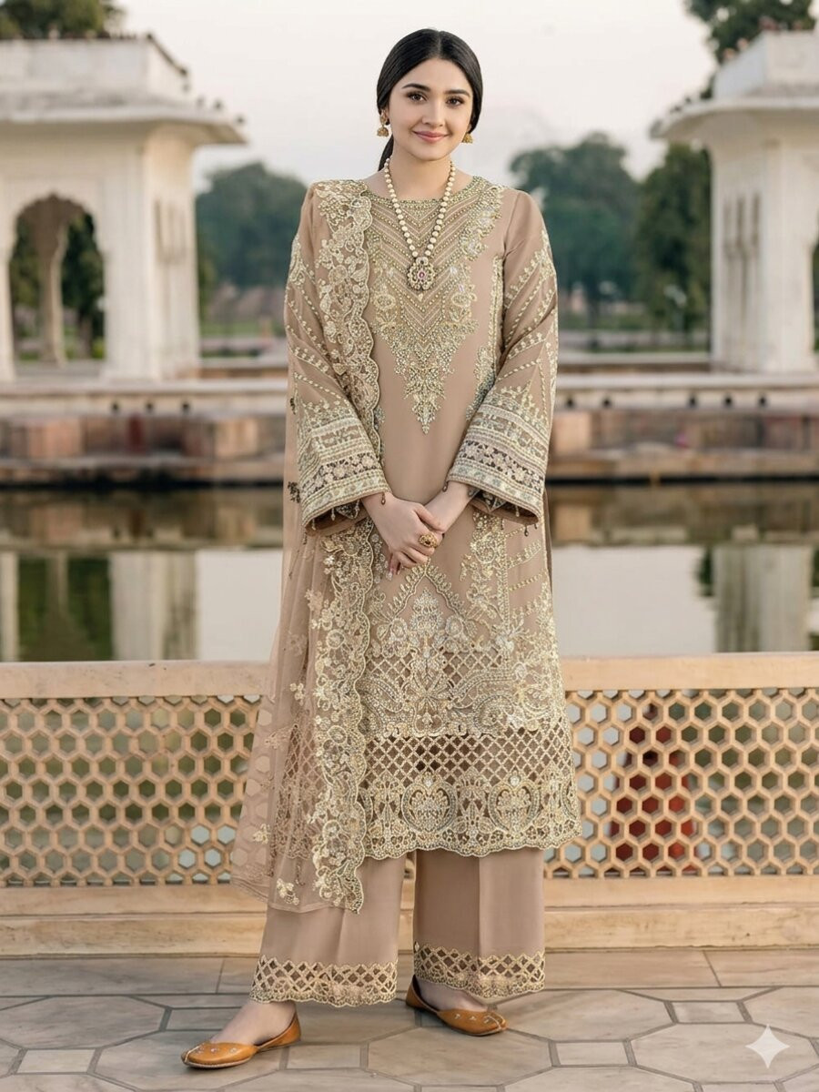Beige Chiffon Embroidery Zari Sequins Wedding Party Festival Casual Palazzo Pant Salwar Kameez