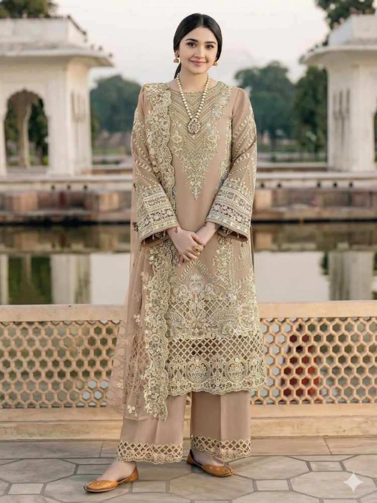 Image of Beige Chiffon Embroidery Zari Sequins Wedding Party Festival Casual Palazzo Pant Salwar Kameez