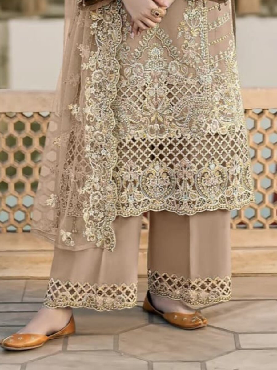 Beige Chiffon Embroidery Zari Sequins Wedding Party Festival Casual Palazzo Pant Salwar Kameez