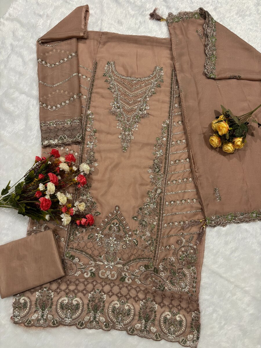 Beige Chiffon Embroidery Zari Sequins Wedding Party Festival Casual Palazzo Pant Salwar Kameez