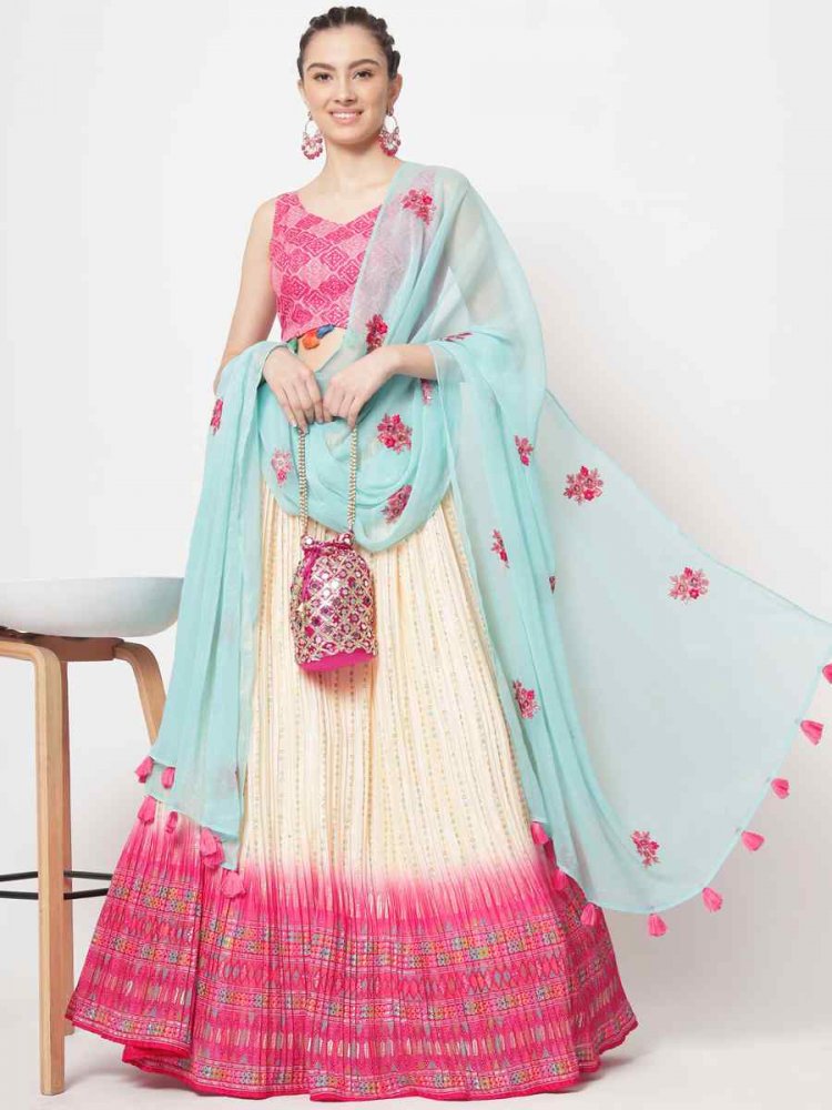 Beige Chinon Silk Embroidered Engagement Wedding Heavy Border Lehenga Choli