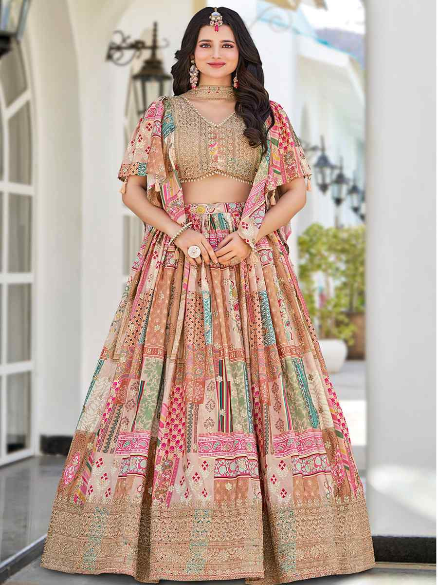 Beige Chinon Silk Embroidered Wedding Reception Festival Heavy Border Lehenga Choli