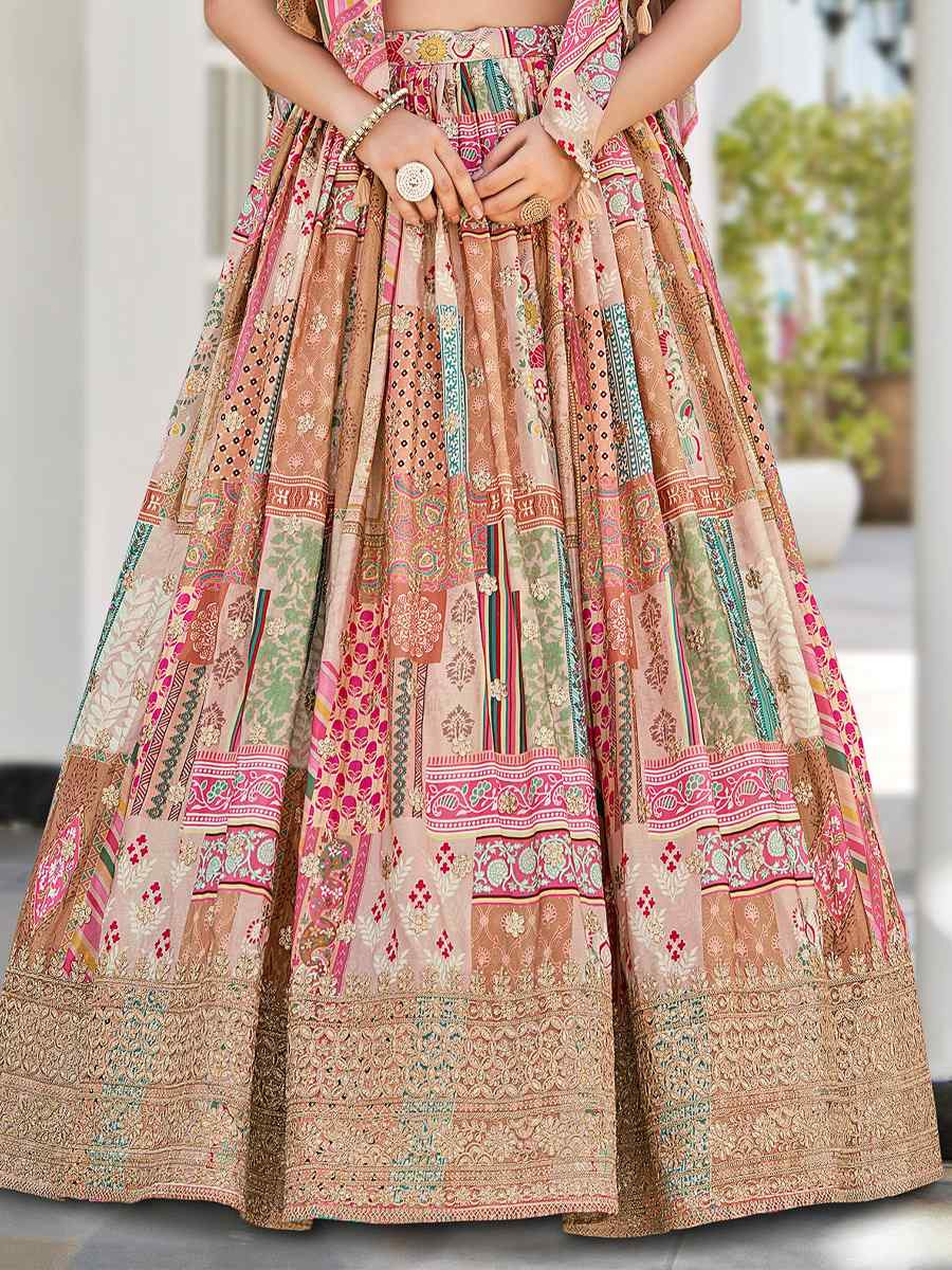 Beige Chinon Silk Embroidered Wedding Reception Festival Heavy Border Lehenga Choli