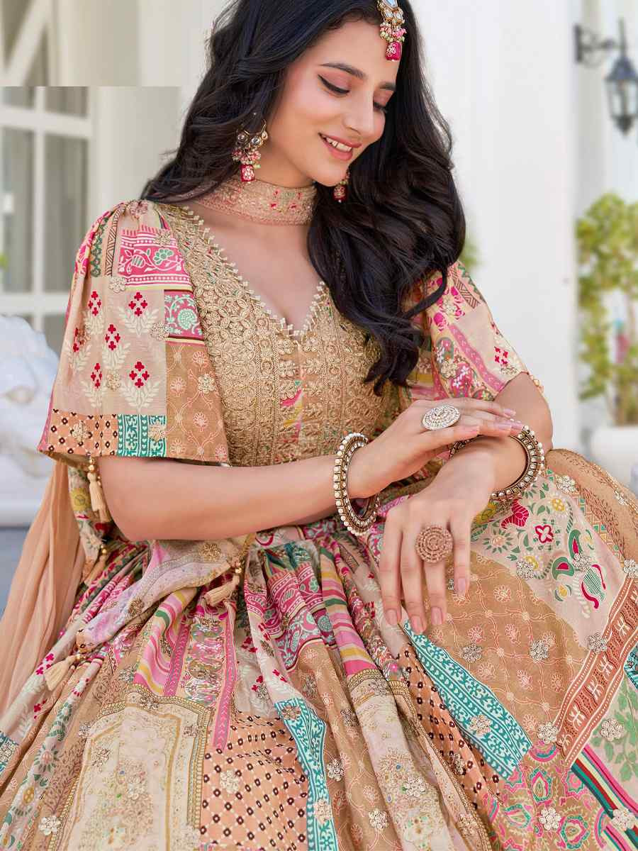 Beige Chinon Silk Embroidered Wedding Reception Festival Heavy Border Lehenga Choli