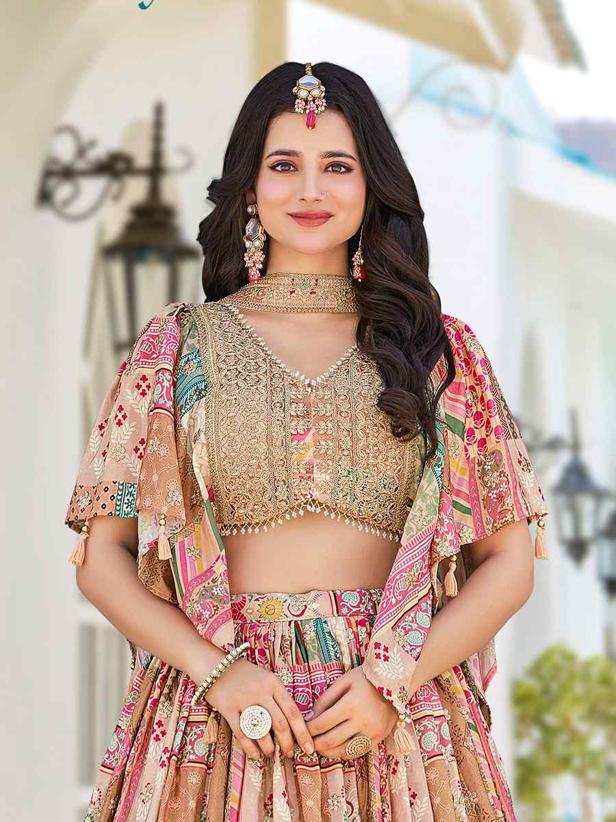 Beige Chinon Silk Embroidered Wedding Reception Festival Heavy Border Lehenga Choli