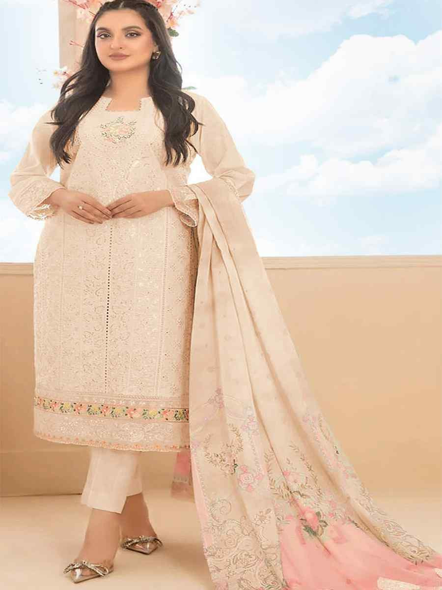 Beige Cotton Embroidery Party Wedding Festival Casual Pant Salwar Kameez