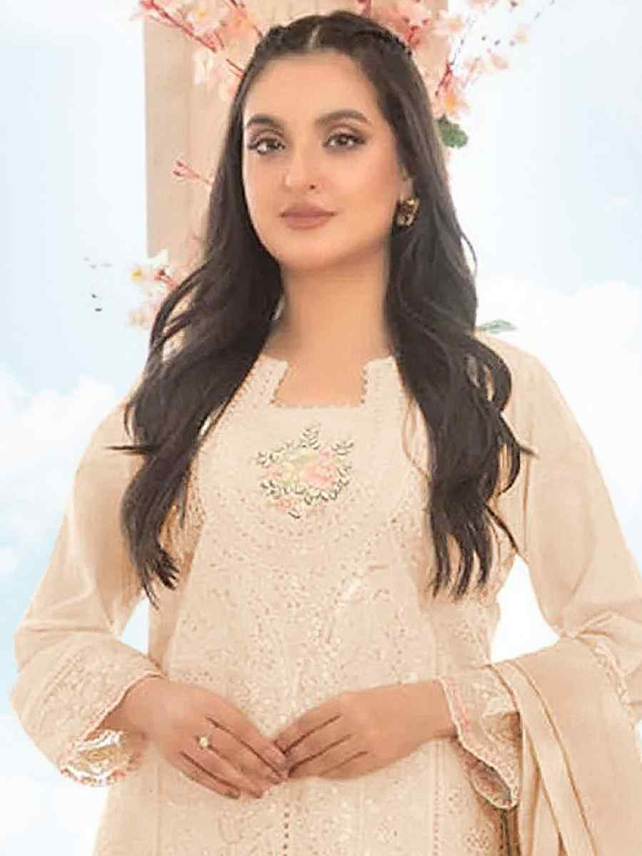 Beige Cotton Embroidery Party Wedding Festival Casual Pant Salwar Kameez