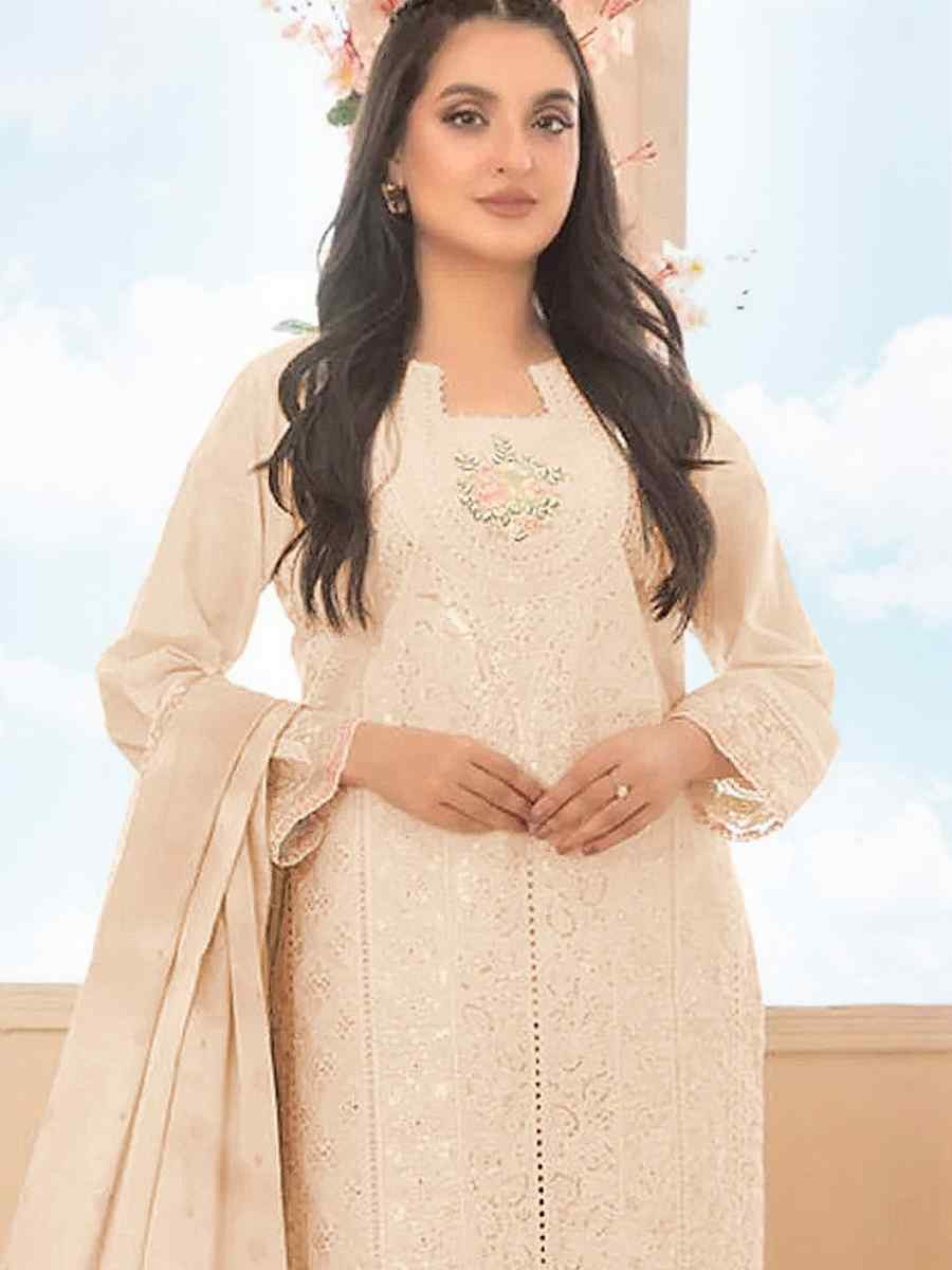 Beige Cotton Embroidery Party Wedding Festival Casual Pant Salwar Kameez