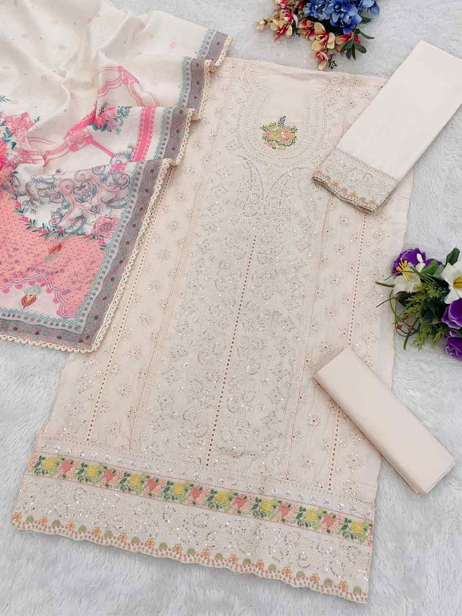 Beige Cotton Embroidery Party Wedding Festival Casual Pant Salwar Kameez
