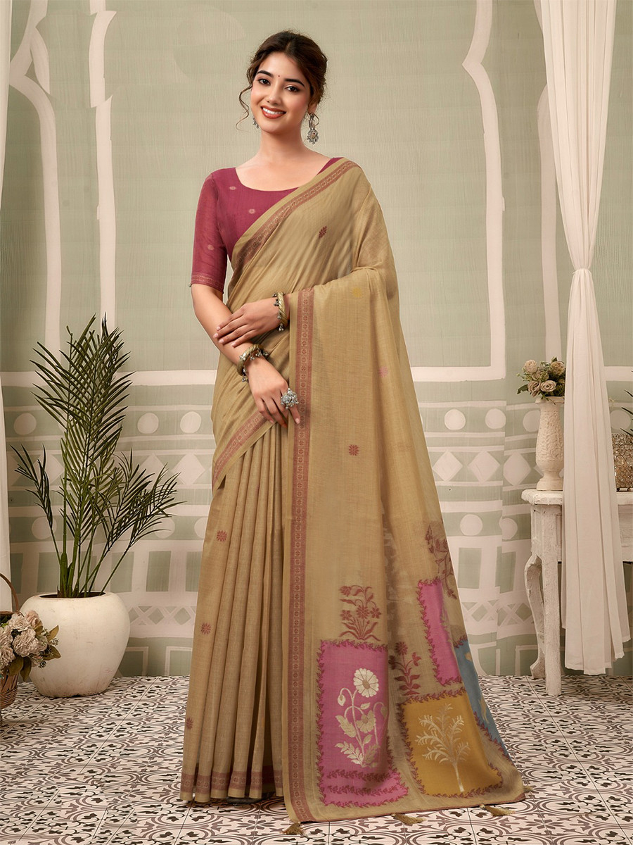 Beige Cotton Hand Block Printed Wedding Reception Party Festival Casual Heavy Border Sarees
