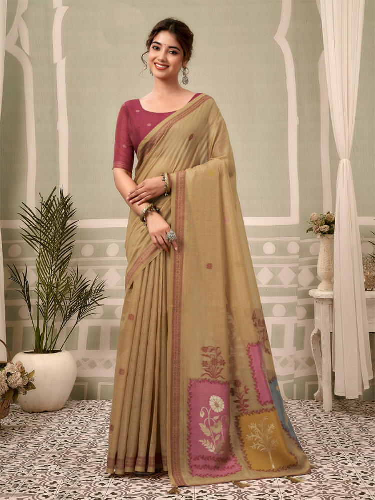 Image of Beige Cotton Hand Block Printed Wedding Reception Party Festival Casual Heavy Border Sarees