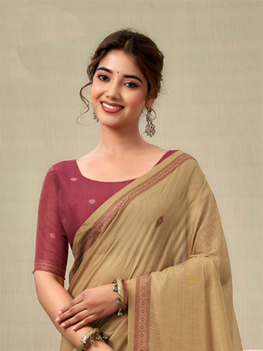 Beige Cotton Hand Block Printed Wedding Reception Party Festival Casual Heavy Border Sarees